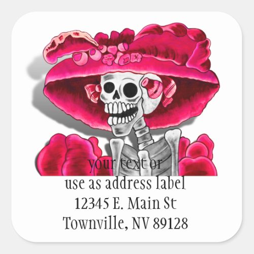 Laughing Skeleton Woman in Red Bonnet Square Sticker