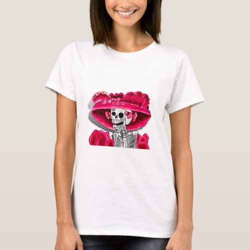 Laughing Skeleton Woman in Red Bonnet T_Shirt