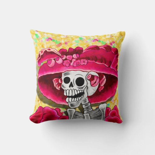 Laughing Skeleton Woman in Red Bonnet Throw Pillow