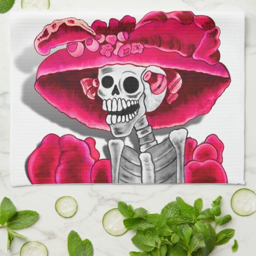 Laughing Skeleton Woman in Red Bonnet Towel