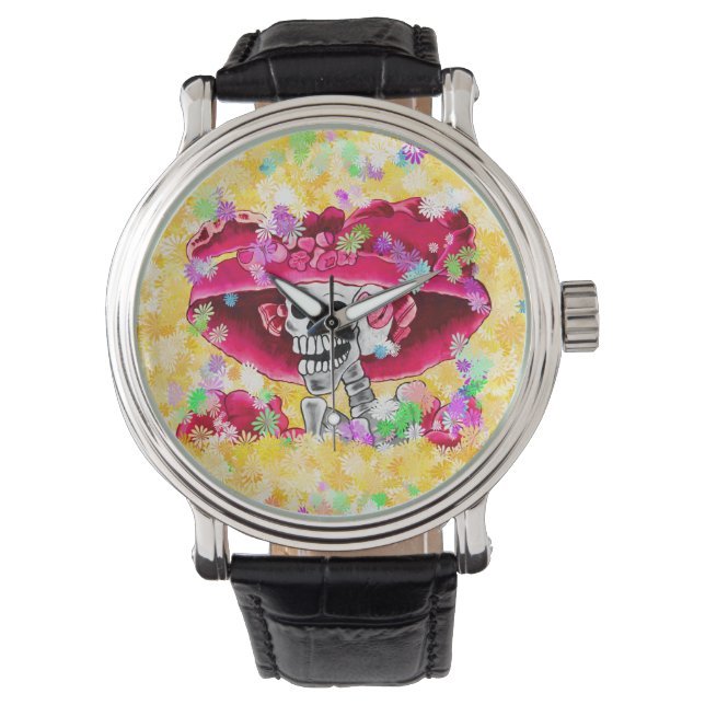 Laughing Skeleton Woman in Red Bonnet Watch (Front)