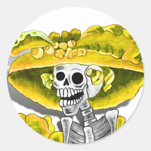 Laughing Skeleton Woman in Yellow Bonnet Classic Round Sticker