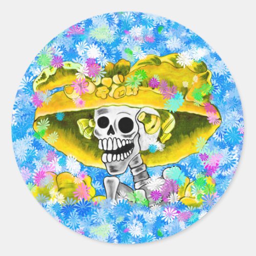 Laughing Skeleton Woman in Yellow Bonnet Classic Round Sticker