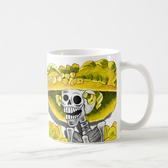 Laughing Skeleton Woman in Yellow Bonnet Coffee Mug (Right)