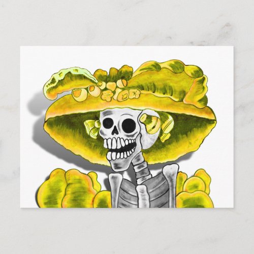 Laughing Skeleton Woman in Yellow Bonnet Postcard