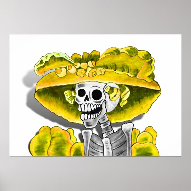Laughing Skeleton Woman in Yellow Bonnet Poster (Front)