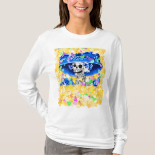Laughing Skeleton Woman in Yellow Bonnet T-Shirt