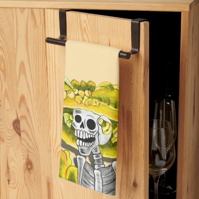 Laughing Skeleton Woman in Yellow Kitchen Towel (Thirds Fold)