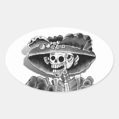 Laughing Skeleton Woman Oval Sticker