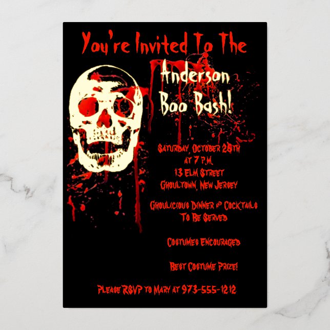 Laughing Skull Black & Red Bloody Halloween Party Foil Invitation (Front)