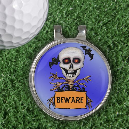Laughing Skull Tree Branch Arms Holding Sign Blue Golf Hat Clip
