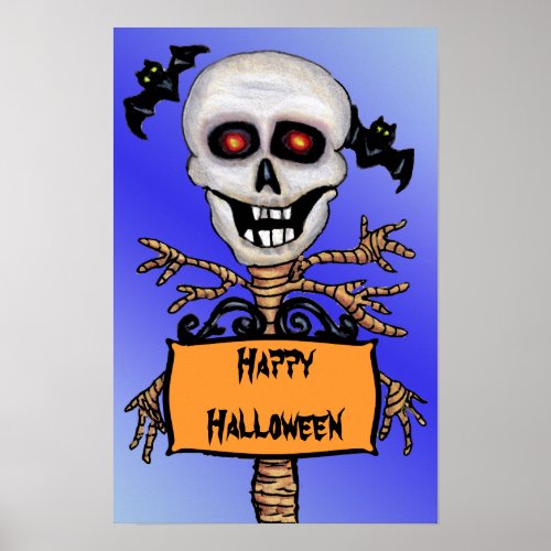 Laughing Skull Tree Happy Halloween Sign Bats