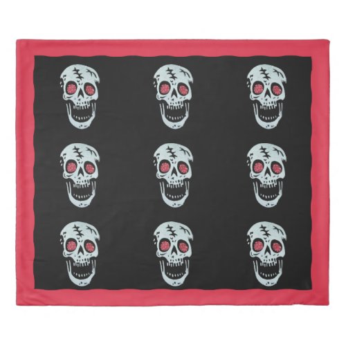 Laughing Skulls Red Glitter Look Eyes Wavy Border Duvet Cover