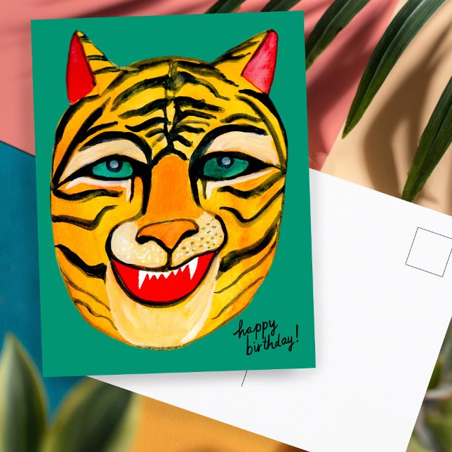 Laughing Tiger Watercolor Happy Birthday Colorful Postcard (Laughing Tiger Watercolor Hand Painted Happy Birthday Postcard
)