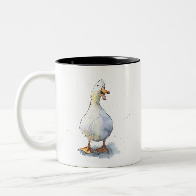 Laughing white Duck funny speckled waterbird Two-Tone Coffee Mug (Left)