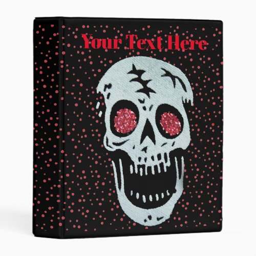 Laughing White Skull Red Faux Glitter Eyes Dots Mini Binder