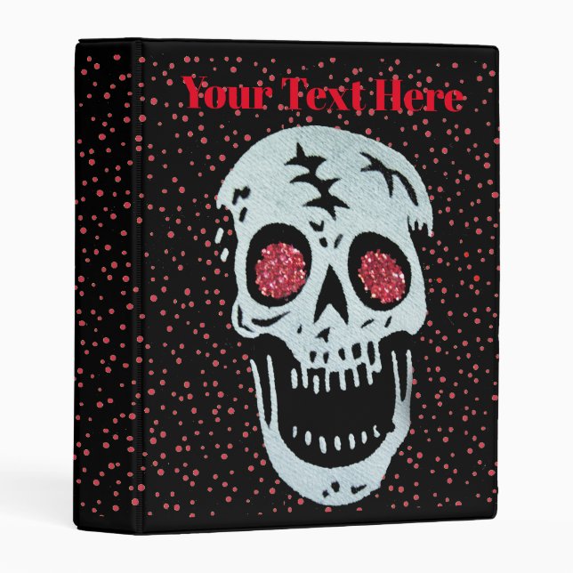 Laughing White Skull Red Faux Glitter Eyes Dots Mini Binder (Front/Spine)