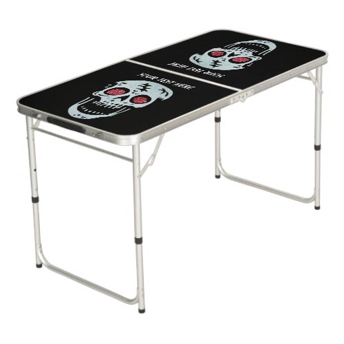Laughing White Skull Red Glitter Glowing Eyes Beer Pong Table