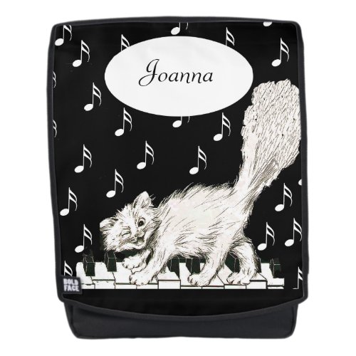 Laughing Winking White Cat Fluffly Tail Piano Keys Backpack