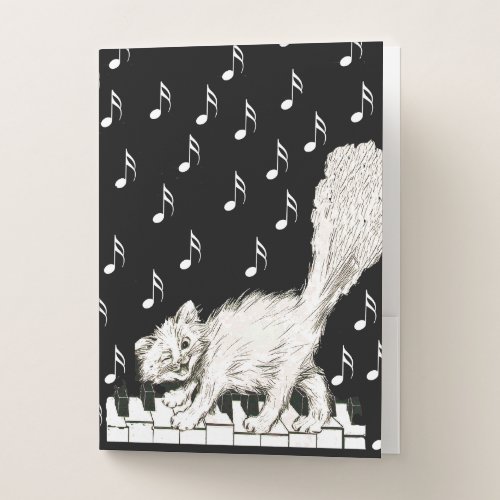 Laughing Winking White Cat on Piano Keys Black Pocket Folder
