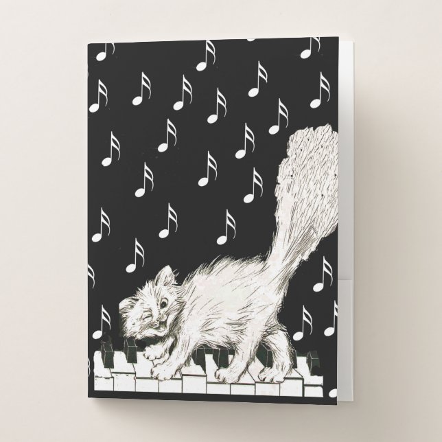 Laughing Winking White Cat on Piano Keys Black Pocket Folder (Front)