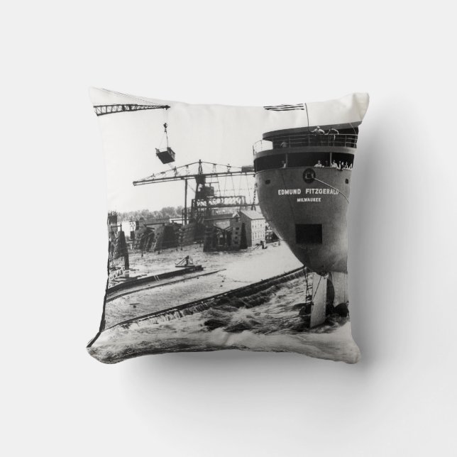 Launching of the Edmund Fitzgerald Mighty Fitz Throw Pillow (Front)