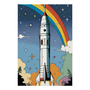 Launching space rocket retro Glossy Poster