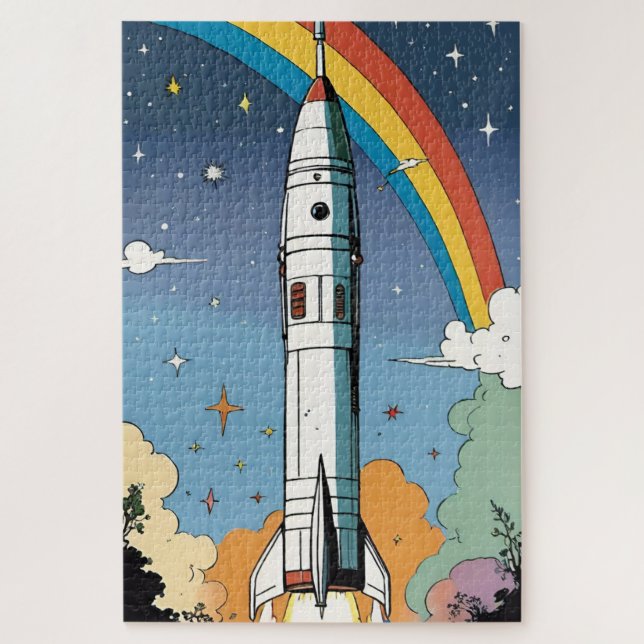 Launching space rocket retro Glossy Poster Jigsaw Puzzle (Vertical)