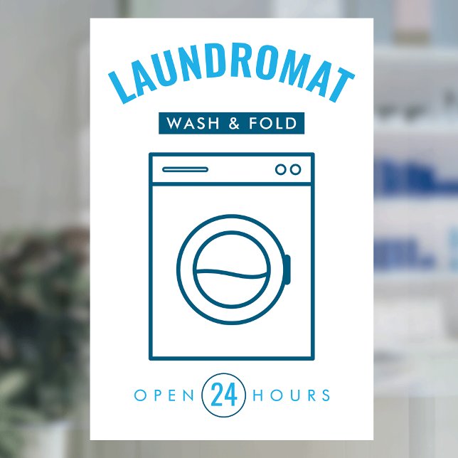 Laundromat 24/7 Wash and Fold Service Blue & White Window Cling (modern laundromat window cling sign with fully editable text and a washer graphic)