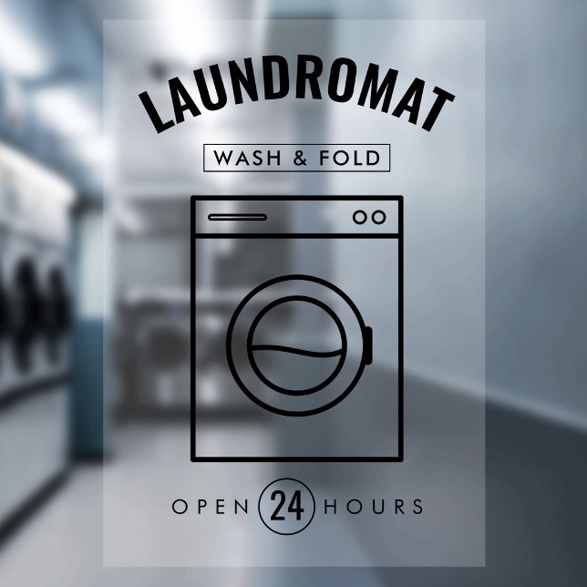 Laundromat 24/7 Wash & Fold Service Marketing Window Cling (Translucent laundromat window cling black and white with fully editable text)