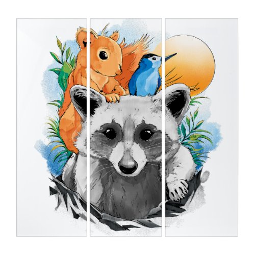 laundry bear squirrels watercolor choke triptych