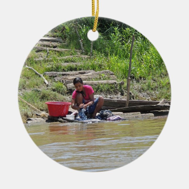 Laundry Day on the River Ceramic Ornament (Front)