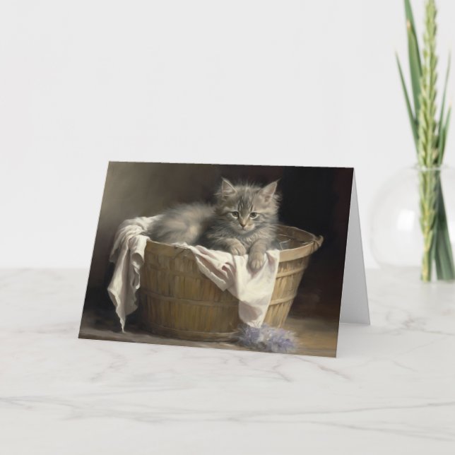 Laundry Or Playtime Gray Kitten Portrait Card (Front)