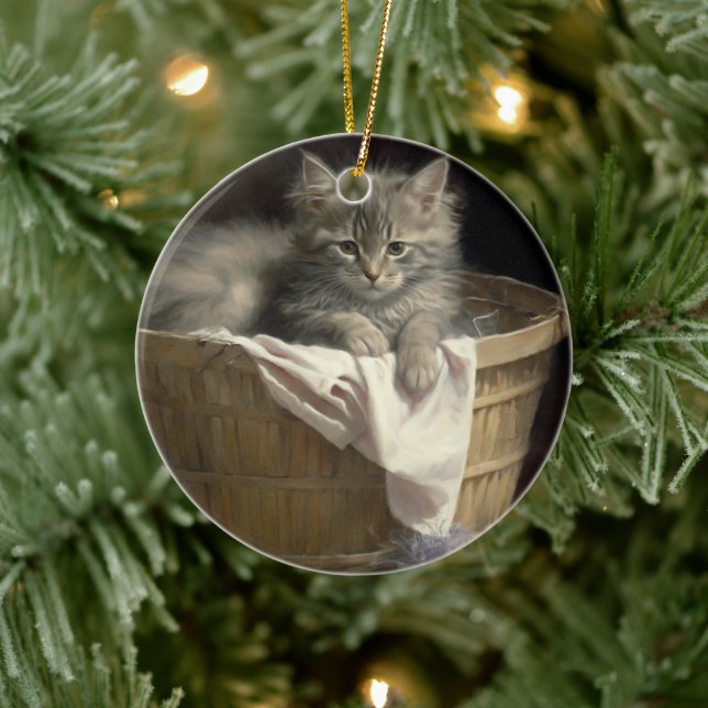 Laundry Or Playtime Gray Kitten Portrait Ceramic Ornament (Tree)