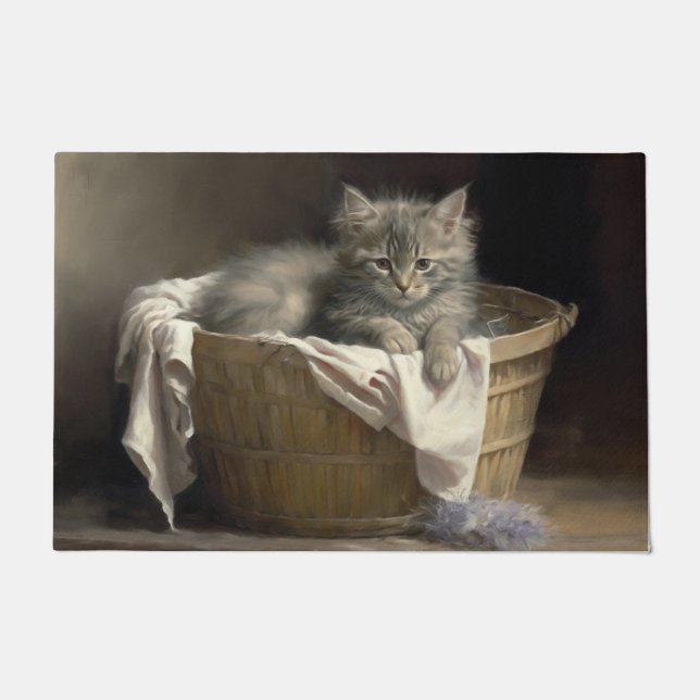 Laundry Or Playtime Gray Kitten Portrait Doormat (Front)