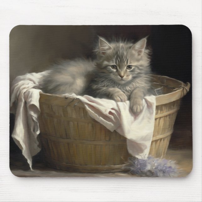 Laundry Or Playtime Gray Kitten Portrait Mouse Pad (Front)