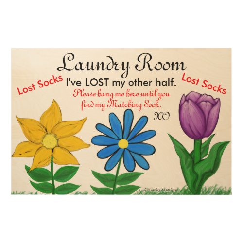 Laundry Room Lost Socks Floral Wood Print