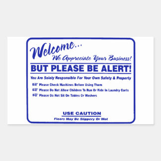 'Laundry Rules Alert' Laundromat Overlay Blue Rectangular Sticker