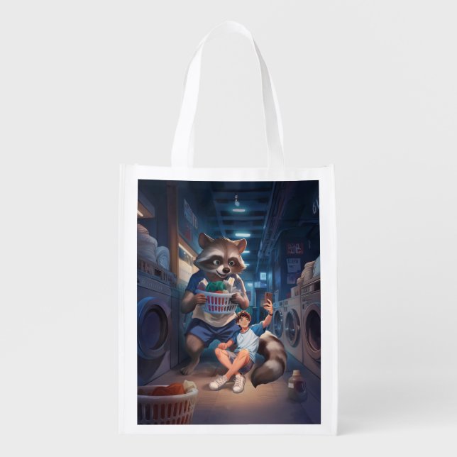 Laundry Time – Selfie with a Giant Raccoon Grocery Bag (Front)