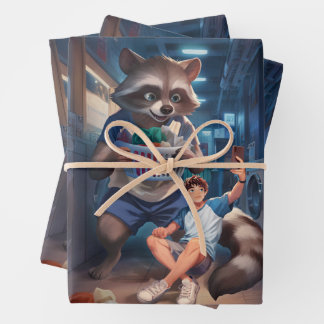 Laundry Time – Selfie with a Giant Raccoon Wrapping Paper Sheets