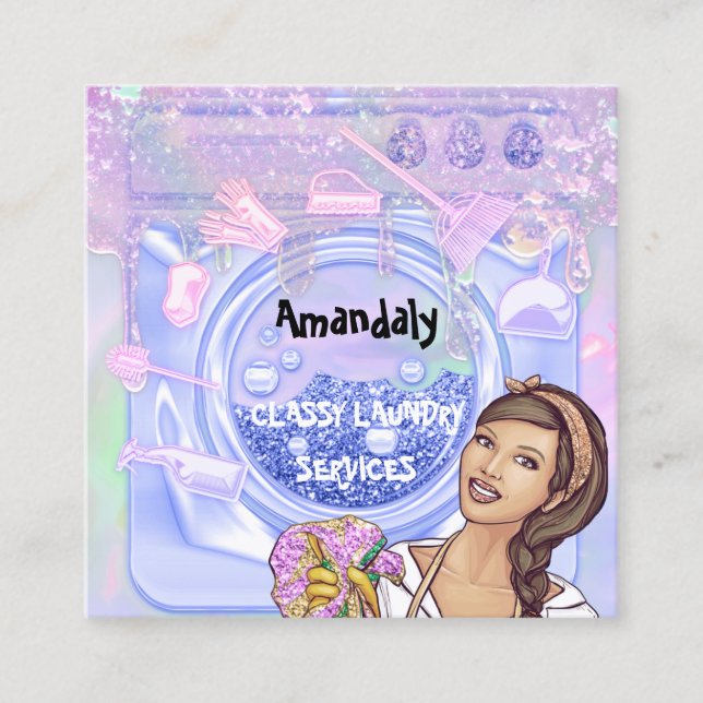 Laundry Washing Cleaning Service QR Code BluePink Square Business Card (Front)