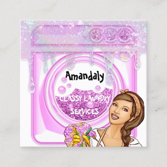 Laundry Washing Cleaning Service QR Code Drips Square Business Card (Front)
