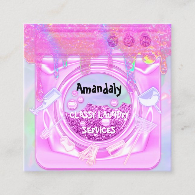 Laundry Washing Cleaning Service QR Code Holograph Square Business Card (Front)