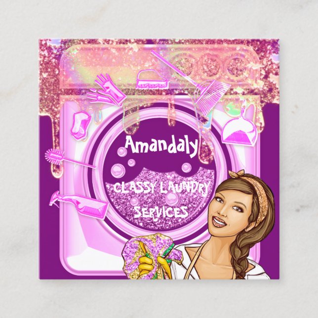 Laundry Washing Cleaning Service QR Code Logo Pink Square Business Card (Front)