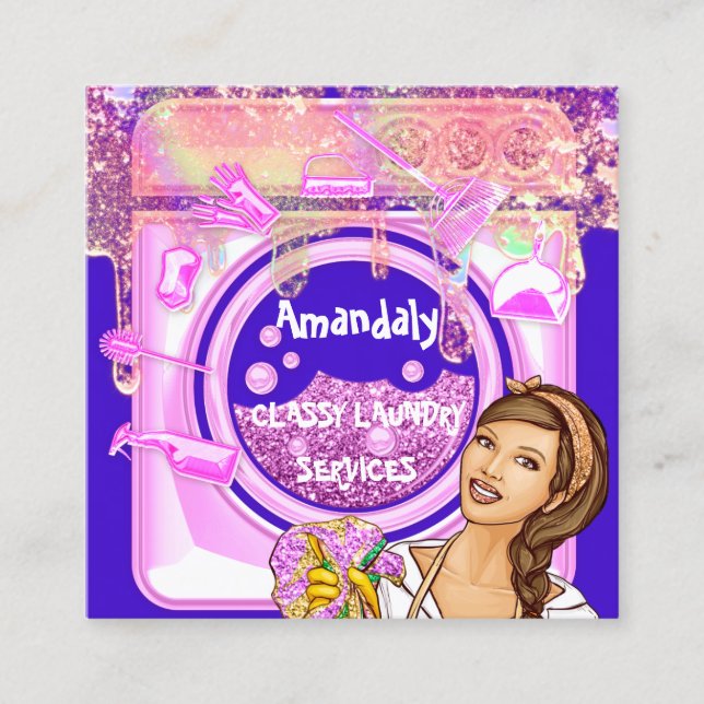 Laundry Washing Cleaning Services QR Code Logo  Square Business Card (Front)