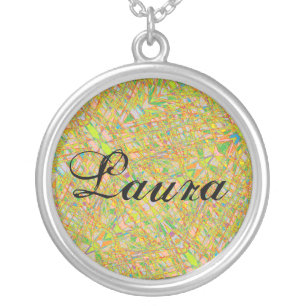 Laura name with abstract art background silver plated necklace