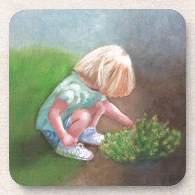 "Laura" oil painting-little girl picking flowers Beverage Coaster (Front)