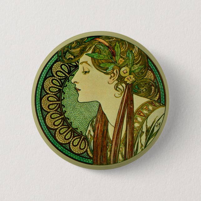 Laurel, Alphonse Mucha Vintage Art Nouveau Button (Front)