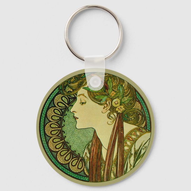 Laurel, Alphonse Mucha Vintage Art Nouveau Keychain (Front)