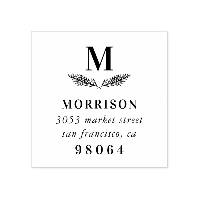 Laurel Branch | Elegant Monogram Return Address Rubber Stamp (Imprint)